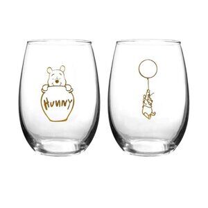 Disney Winnie the Pooh Stemless Glasses Set of 2 Gold Line Art New (Box Damage)